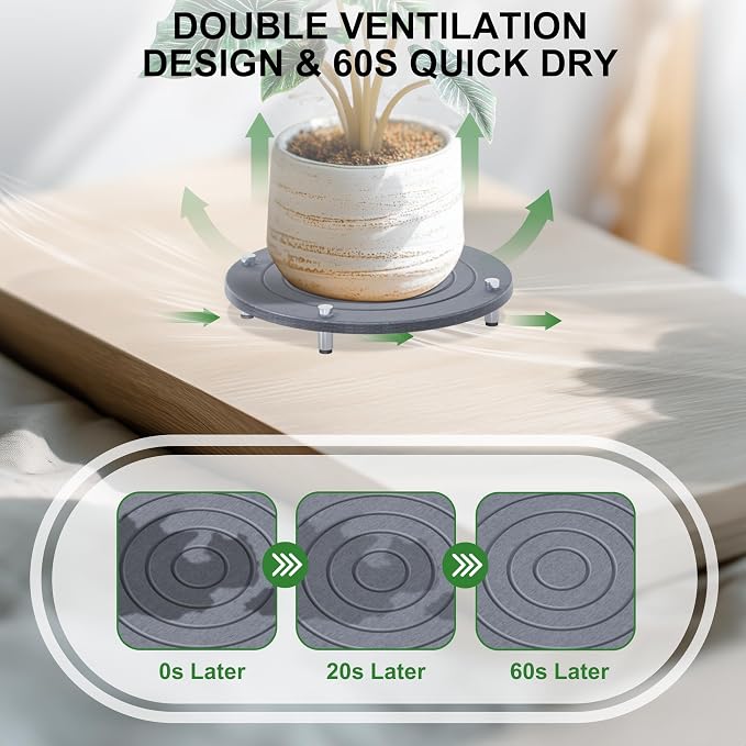 2Pcs 8 Inch Plant Saucers for Indoors, Instant Dry Diatomaceous Earth Plant Saucer, Plant Trays for Pots with Stainless Steel Feet, Plant Water Catcher Tray, Gray