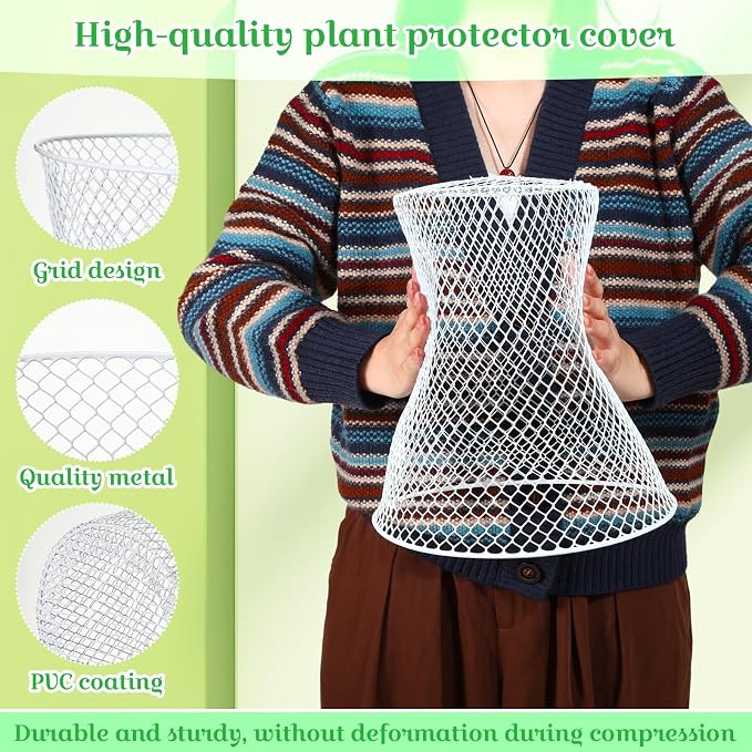 Therwen 15 Pcs Large Plant Wire Cloche 11 x 12 Inch Metal Garden Cloche with Garden Stakes Plant Protector from Animals for Keeping Bunnies Chicken Squirrels Birds (White)