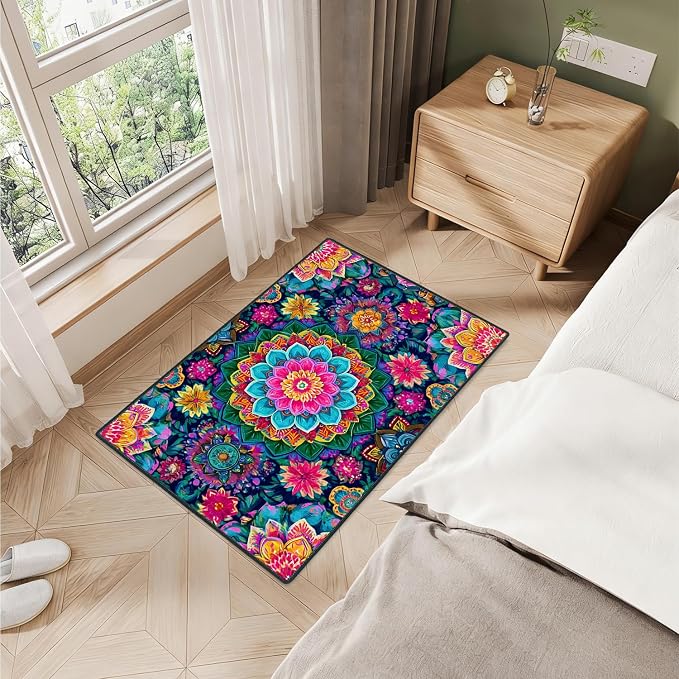 Vibrant Multicolor Mandala Floral 2x3 Entry Rug,Washable Small Rugs for Entryway Kitchen Bathroom Door Mat Indoor Entrance,Non Slip Rubber Backing,Stain & Fade Resistant,Boho Psychedelic Decor