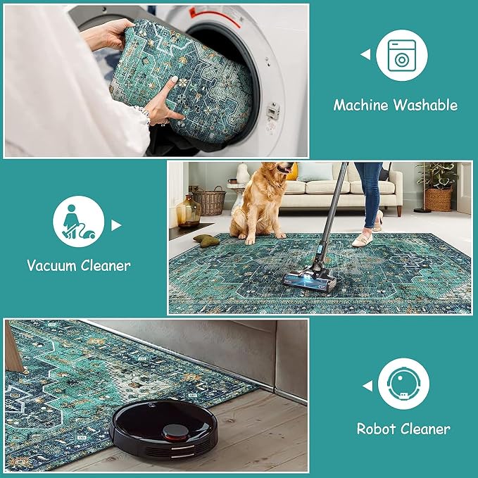 Moynesa Ultra-Thin Washable Round Rug - 6ft Teal Large Living Room Circle Area Rugs, Vintage Dining Room Mat Stain Resistant Nursery Carpet for Bedroom Mudroom Kitchen Apartment Home Office