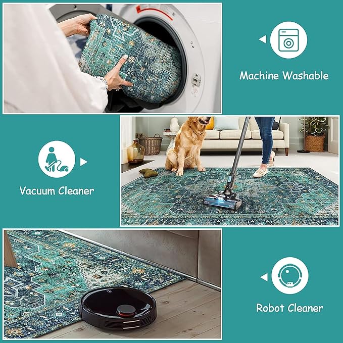 Moynesa Ultra-Thin Washable Round Rug - 4ft Oriental Circle Area Rugs for Bedroom Entryway, Teal Vintage Non Slip Non Shedding Low Pile Carpet for Living Room Coffee Table Kitchen