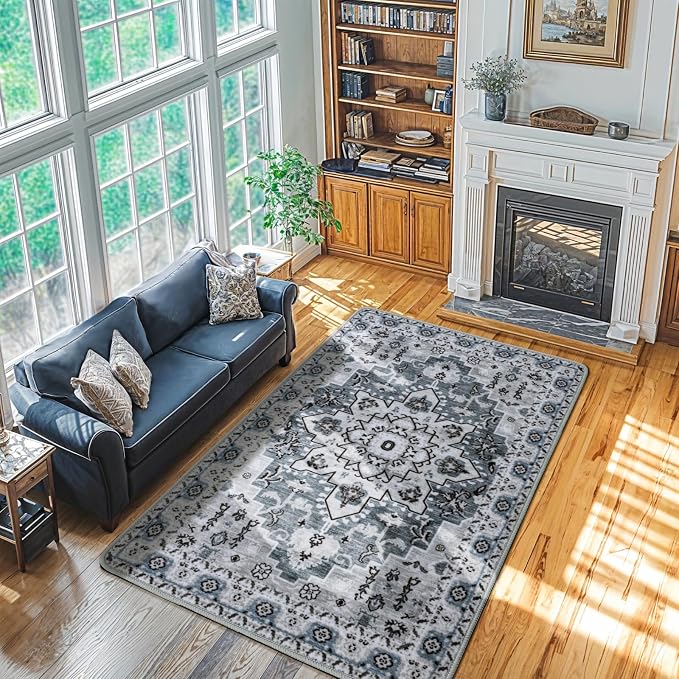 LBRO2M Machine Washable Rug Soft Pet Friendly Carpet 5X7 Dusty Blue | Persian Rug 5X7 for Living Room, Bedroom, Dining Room, Home Office, Non Slip Carpet, Foldable Stain Resistant Rugs