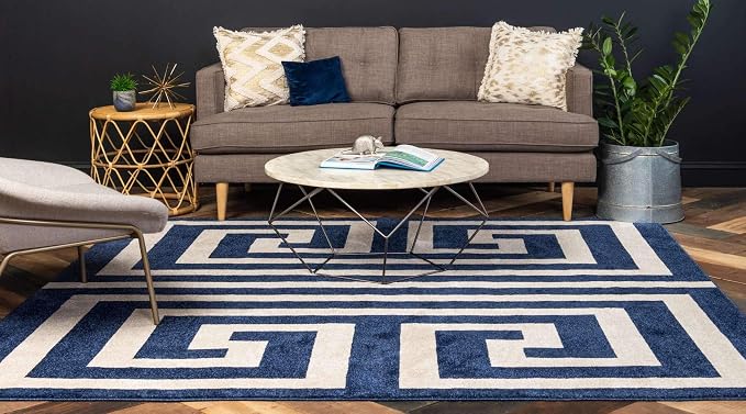 Unique Loom Athens Collection Classic Geometric Modern Border Design Area Rug (8' 0 x 8' 0 Square, Navy Blue/ Beige)