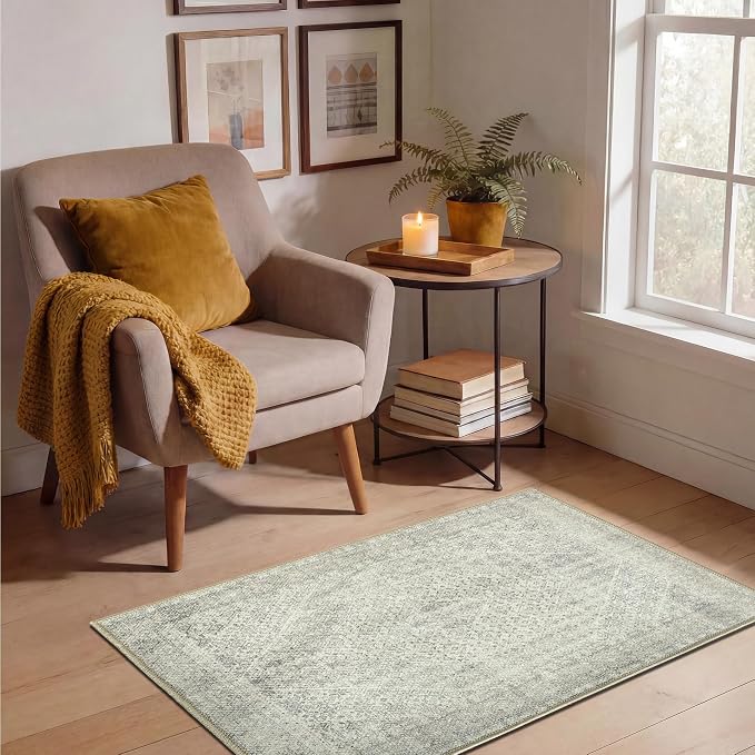 Keen Home Design Vintage Washable Entryway Rug, Non-Slip Low Pile, 2x3 | Machine Washable Cotton Chenille, 0.25In Low Pile, Rubber Non-Slip Back; Kitchen, Entryway, Bathroom, Bedside