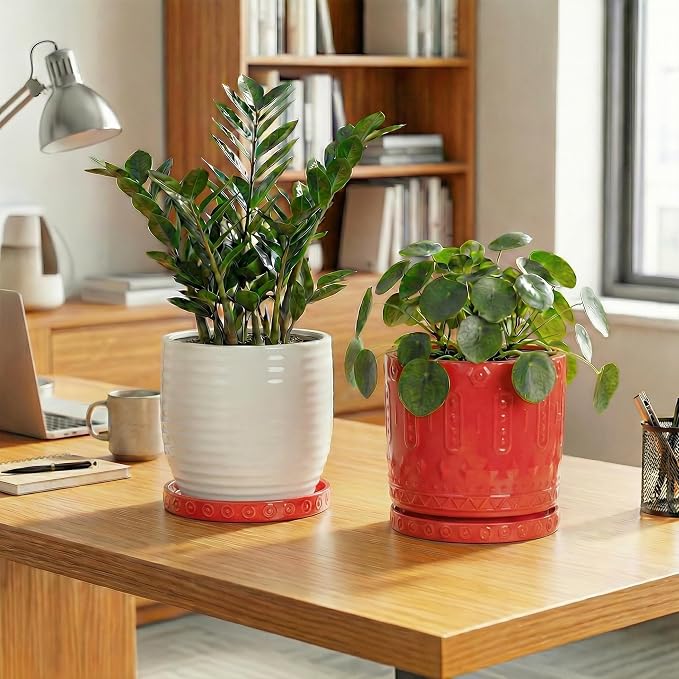 Eightpot 2 Pack Plant Plates to Catch Water, Plant Trays for Pots Indoor Outdoors, 7.5 Inch Plants Water Catcher Tray, Round Flower Pot Saucers, Modern Decorative Dishes to Catch Water, Red