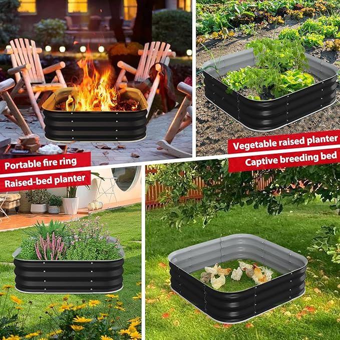 Height 11.5 Inch, Square Galvanized Steel Fire Pit for Outside, Heavy Duty Steel Fire Pit In-Ground for Backyard, Camping, Bonfire, Flower Raised Garden Bed for Garden (4X4X1 FT)