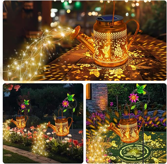 2 Pack Big Solar Lanterns Outdoor Waterproof, Gift for Mom Grandma Women Wife Daughter Mother's Day, Hummingbird Watering Can Garden Light With Shepherd Hook, Solar Path Light Yard Outside Patio Decor