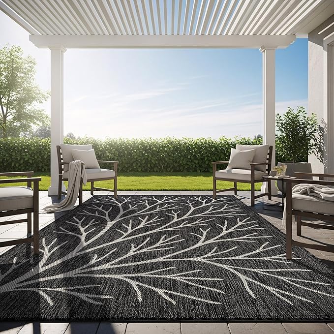 Washable Indoor Outdoor Rug 5x7 Modern Area Rugs Branch Pattern Non Shedding Waterproof Easy Clean Patio Deck Porch Living Room Bedroom Garden RV (5 X 7 Dark Gray)