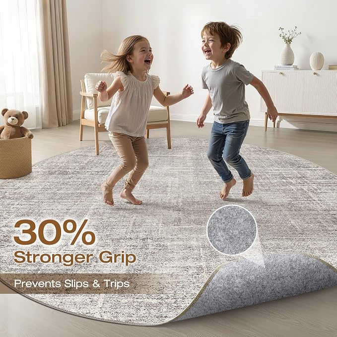 LOONGRUG Round Rug 10x10 Washable Neutral Modern Living Room Rug Brown Gray | Circle Large Abstract Soft Stain Resistant Indoor Non-Slip Carpet for Bedroom Nursery Kids Office Playroom Dining Room