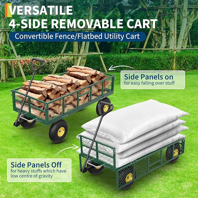 GarveeLife 900 LBS Garden Dump Cart with Removable Sidewalls, Heavy Duty Steel Dump Wagon with 180° Swivel Handle & 10 in Tires, Yard Cart Utility Wheelbarrow for Backyard Farm