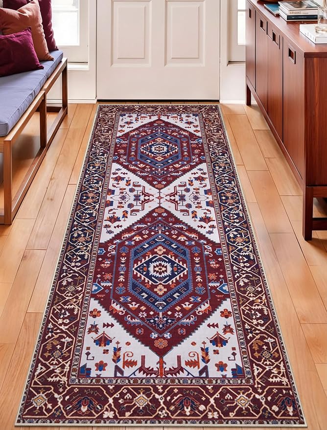 SERISSA 2x6 Washable Non Slip Boho Runner Rug for Hallway | Ultra Soft Vintage Oriental Carpet Low-Pile Burgundy Navy Floor Carpet for Kitchen Bedroom Bathroom Laundry Living Room