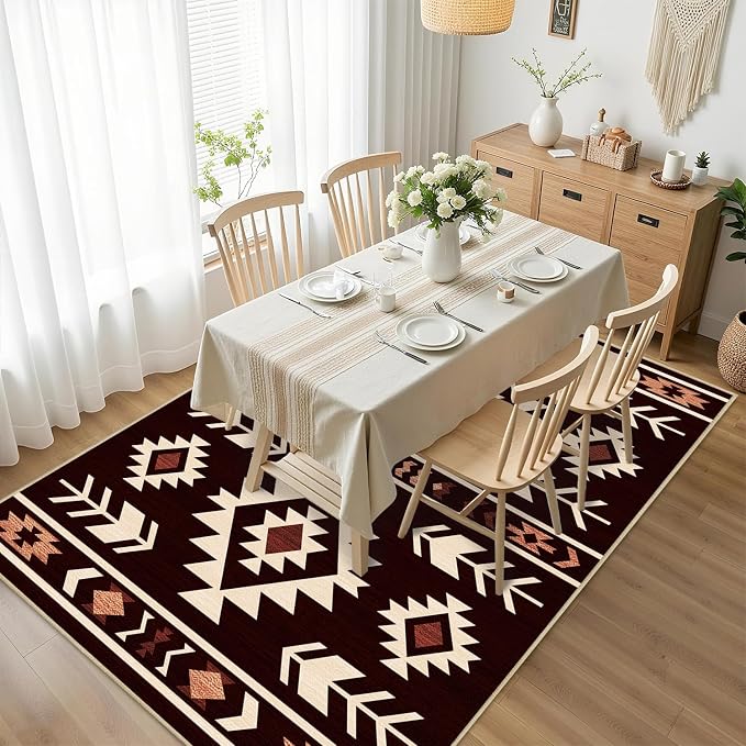 Western Area Rug 4x6 for Living Room, Southwestern Aztec Tribal Area Rugs Southwest Navajo Machine Washable Rug Non-Slip Printed Low-Pile Floor Carpet for Bedroom Dining Room Office, Red Brown