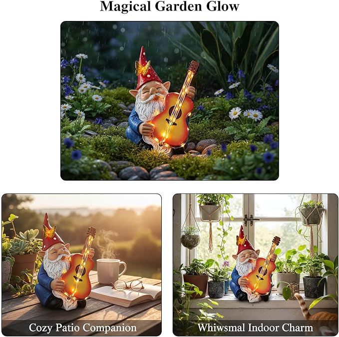 Funny Garden Gnome Statue Solar Hippie Gnomes Decorations Figurine Yard Ornament Gnome Playing Lighted Guitar LED Lawn Patio Porch Decor for Outdoor House Housewarming Gifts for Women