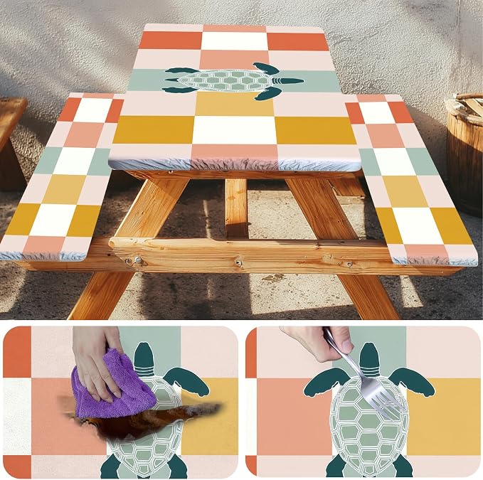 Picnic Table Cover with Bench Covers Elastic Edges, Outdoor Patio Camping Essentials 72 Inch 3PCS, Waterproof Camping Fitted Tablecloth with Handbags (Sea Turtle Checkered Art)