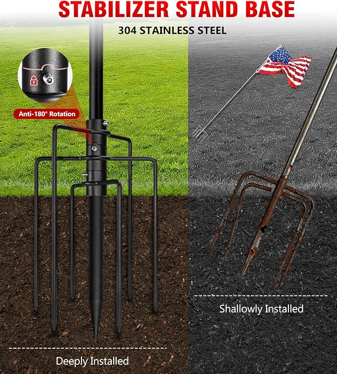 304 Stainless Steel 8FT In Ground Flag Pole with 7 Prongs Base, Heavy Duty Extra Thick Camper Flag Pole, 1 Inch Inground Flag Pole for Outside House, Yard, Garden (Black-8FT)