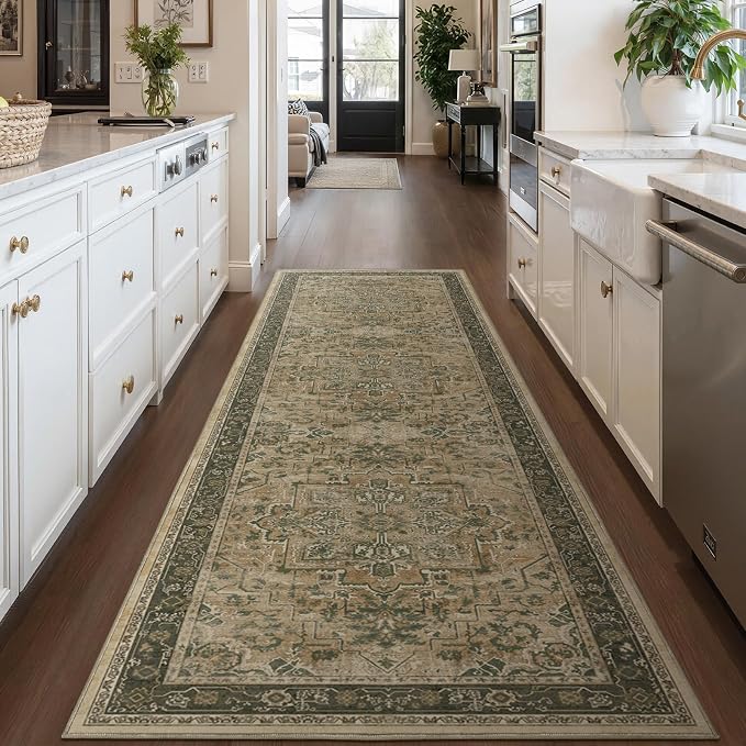 Medallion 3x7 Hallway Runner Rug, Washable Non Slip Runners for Kitchen Floor, Low Pile Thin Distressed Vintage Runner Carpet for Entryway/Mudroom/Foyer/Bathroom/Bedroom, Multi Brown/Olive