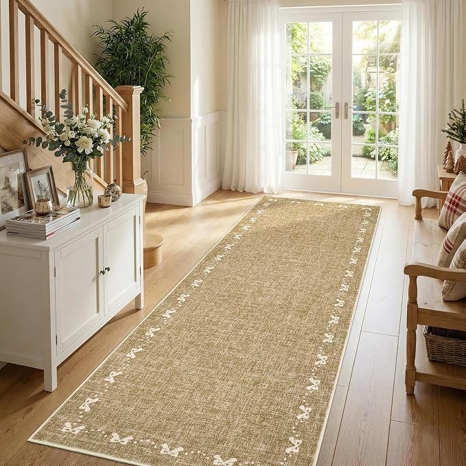 COZYLOOM 2x6 Kitchen Runner Rugs Non Skid Washable, Stain Resistant Modern Bow Printed Rug for Entryway Indoor, Non Shedding Low Pile Solid Color Mats for Hallway, Bedroom, Laundry Room, Brown