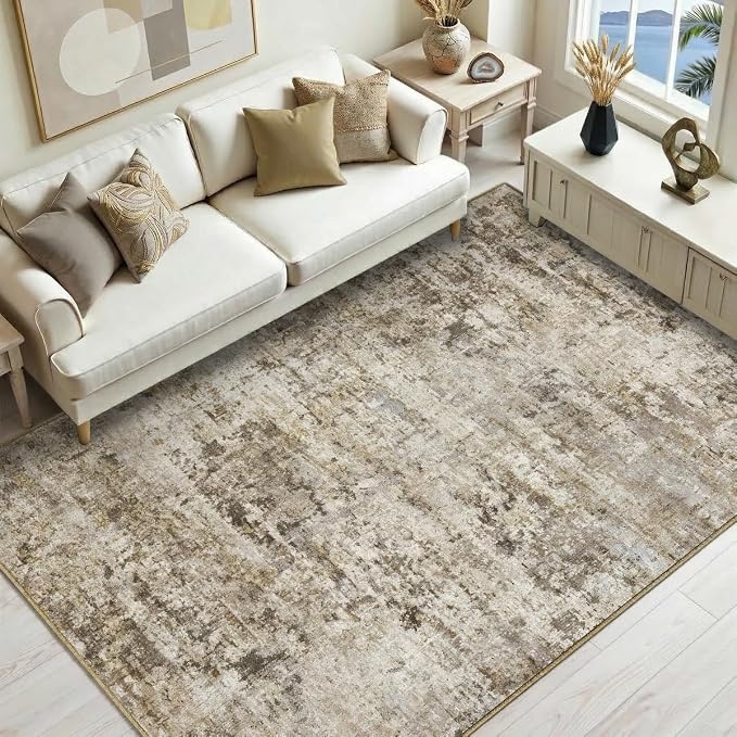 Abstract Area Rug 3x5 Ft Washable Rugs for Entryway Indoor | Brown Non Slip Kitchen Rug Printed Faux Wool Throw Rugs, Neutral Modern Indoor Mat for Entrance Bedroom Office Home Decor