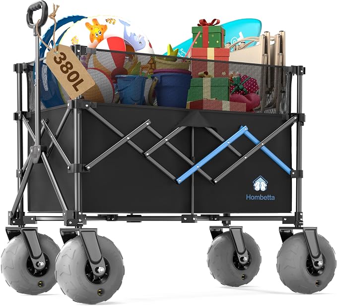 Beach Wagon with Big Wheels for Sand, 450LBS Heavy Duty Foldable Wagon Cart | 9" All-Terrain Inflatable Tires, Adjustable 200L–380L Capacity, Ideal for Groceries, Camping & Sports