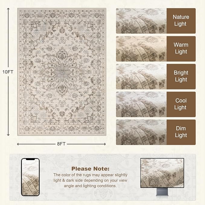 8x10 Area Rugs Living Room: Washable Rug for Bedroom Brown Beige | Boho No Slip Stain Resistant Rug Soft Indoor Decor Floor Floral Area Rugs for Dining Room, Nursery, Hallway, Home Office