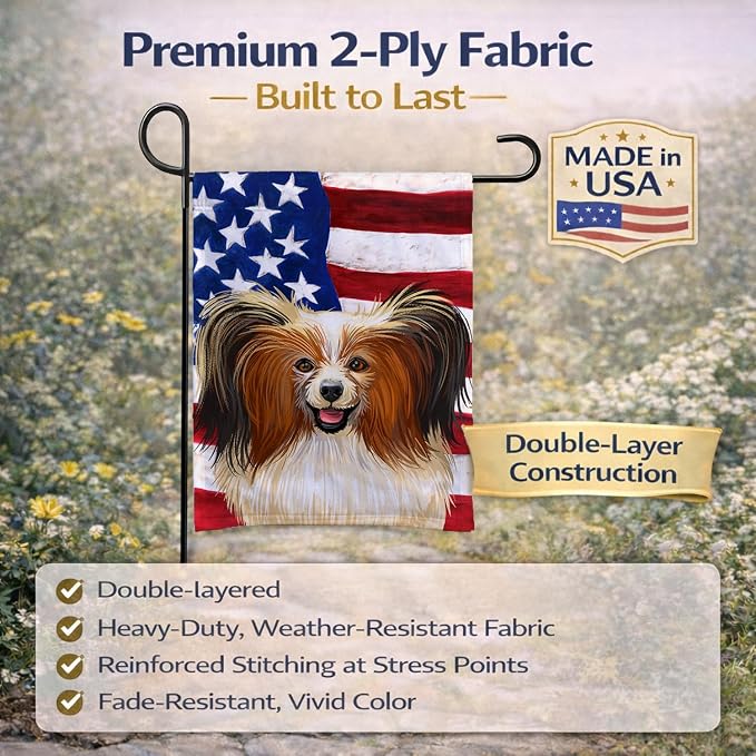 Caroline's Treasures CK6642GF Phalene Dog American Flag Garden Flag Mailbox Flag Decorative Yard Flag Banner Outside Patio Artwork Yard Flower Beds, Garden Size, Multicolor