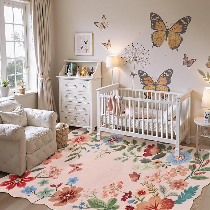 Lahome Floral Washable Rugs, 4X6 Pink Rugs for Bedroom Girls Living Room | Ultra-Thin Soft Non-Slip Stain Resistant Boho Throw Carpet for Nursery Office Flore, Light Pink