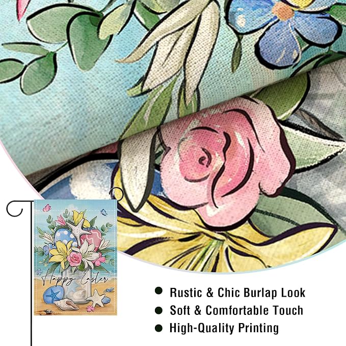 Artofy Happy Easter Beach Mason Jar Small Decorative Garden Flag, Coastal Lily Flower Easter Eggs Yard Lawn Outside Decor, Spring Nautical Starfish Burlap Outdoor Home Decoration Double Sided 12 x 18