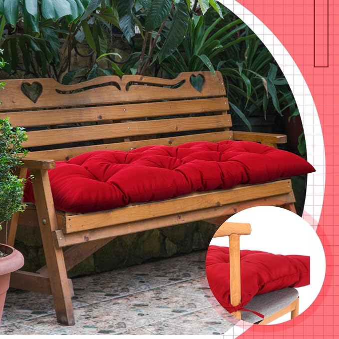 Wenqik Outdoor Bench Cushion 48 x 20 x 3 Inch Waterproof Patio Swing Cushion with Removable Zippered Cover Adjustable Ties Seat Pad for Porch Bench Garden Loveseat (Wine Red, Classic)