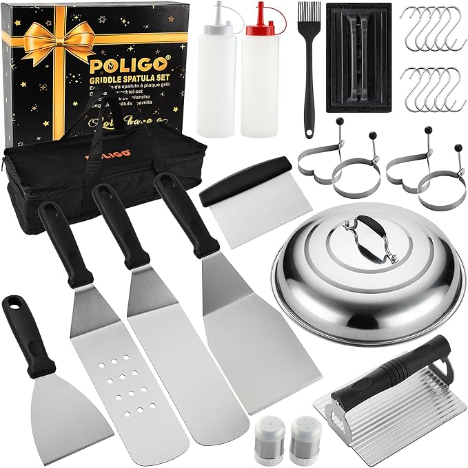 POLIGO 28PCS Griddle Accessories Kit, Flat Top Grill Accessories Set for Camp Chef, Grill Spatula Set with Enlarged Spatulas, Basting Cover, Scraper for Cooking Indoor or Outdoor Barbecue