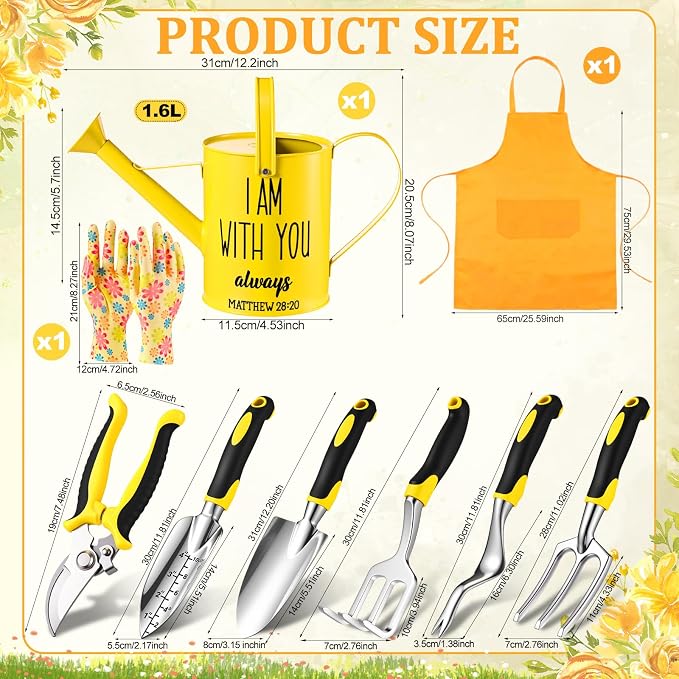 Blueweenly 9 Pcs Watering Can Garden Tools Kit with Bible Verse Christian Gardening Gifts for Women with Heavy Duty Garden Hand Tools 1.6L Galvanized Metal Can Apron Gloves for Mom Grandma(Yellow)
