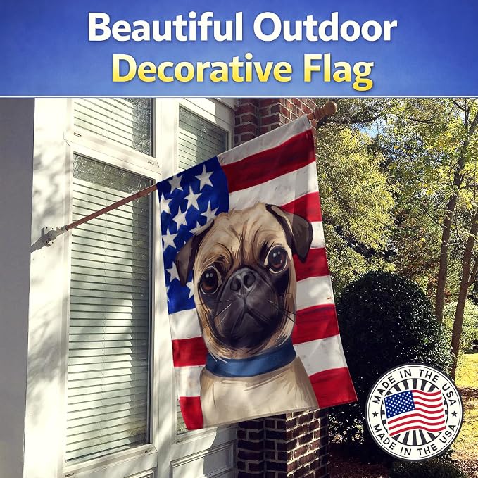 Caroline's Treasures CK6665CHF Pug Dog American Flag House Flag Large Porch Sleeve Pole Decorative Outside Yard Banner Artwork Wall Hanging, Polyester, House Size, Multicolor