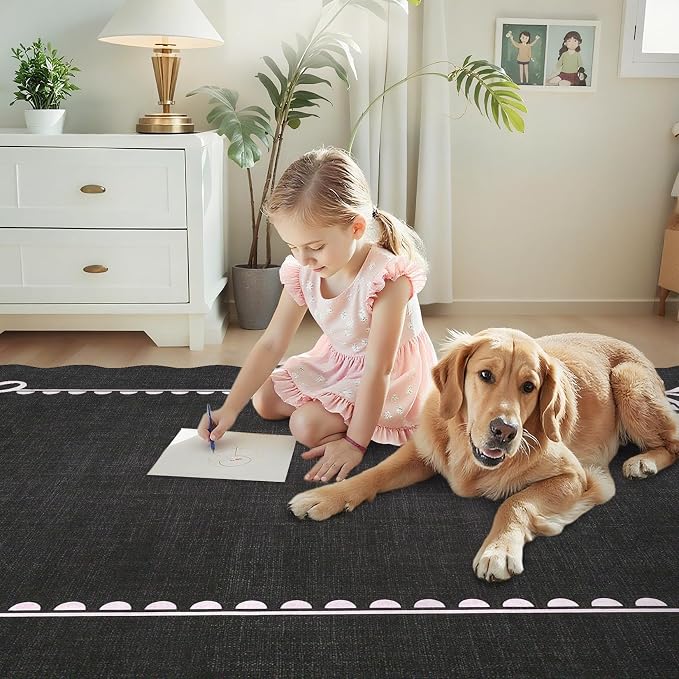 GarveeHome Scalloped Bow Rug 6x9 Washable Rug for Living Room, Black Pink | Non Slip Soft Low Pile Indoor Large Carpet for Nursery Girls Bedroom Decor Hallway Kids Room College Dorm Playroom