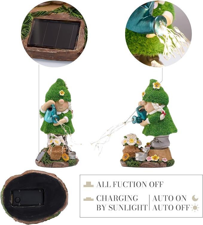 TERESA'S COLLECTIONS Garden Gnome Ornaments with Solar Outdoor Lights for Garden Decor, Lady Gnome Watering Flower Resin Outdoor Christmas Decorations Gifts for Women and Man 7.9"