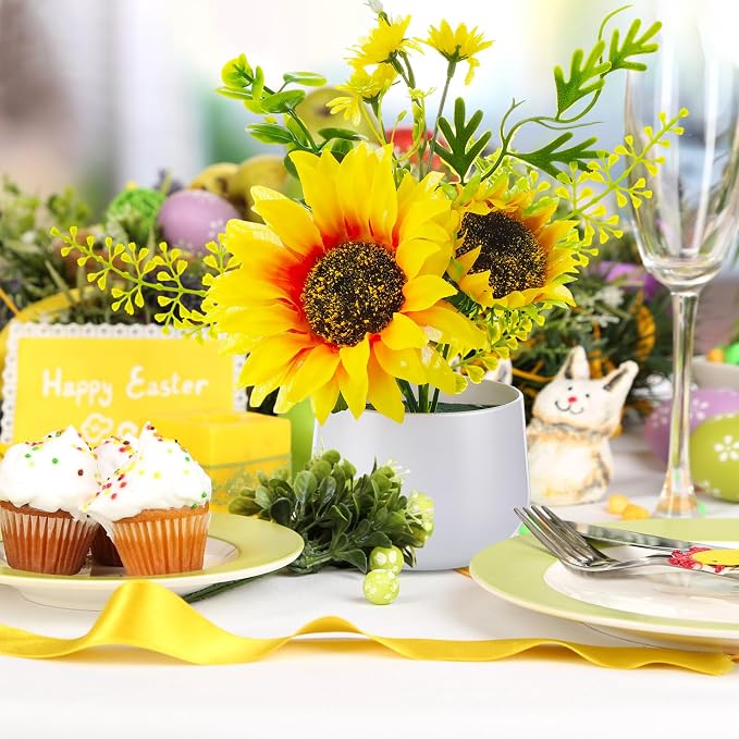 Zeyune 8 Pcs Sunflower Potted Plants Rustic Summer Spring Kitchen Wedding Table Centerpieces Silk Yellow Fake Flower with Plastic Pot for Home Bathroom Office (Classic,Sunflower)