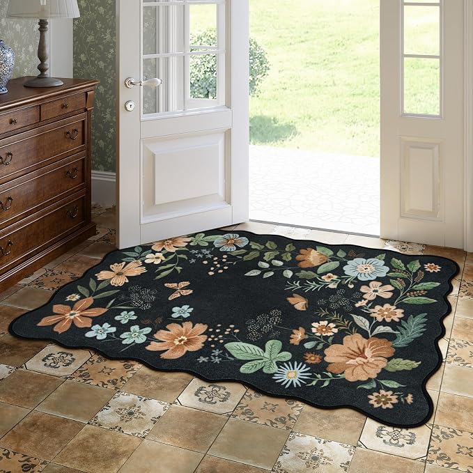 Lahome Floral Washable Rug, 3x5 Rug Soft Bedroom Rugs for Entryway Dorm | Ultra-Thin Boho Rugs for Living Room Stain Resistan Flore Carpet for Nursery Entrance Black/Grey