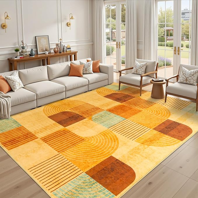 9'x12' Area Rug for Living Room, Washable Modern Abstract Soft Carpet | Non Slip, Indoor Floor Stain Resistant Large Carpet for Bedroom Dining Room Farmhouse Nursery Home Office, Burnt Orange