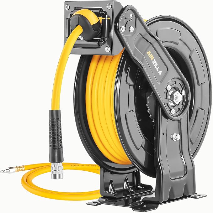 AIRZILLA Premium Steel Retractable Air Hose Reel With Dual Arm, 3/8"x50Ft Hybrid Polymer Hose, Heavy Duty Air Hose Reel included Auto Rewind Reel | Quick Air Coupler | Durable Double side Frame.