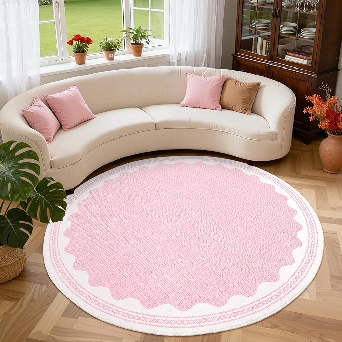 GarveeHome Scalloped Edge Solid Pink 6ft Round Rug Circle Modern Minimalism Washable Non-Slip Soft Ultra-Thin Carpet for Living Room Kitchen Bedroom Nursery Dining Room