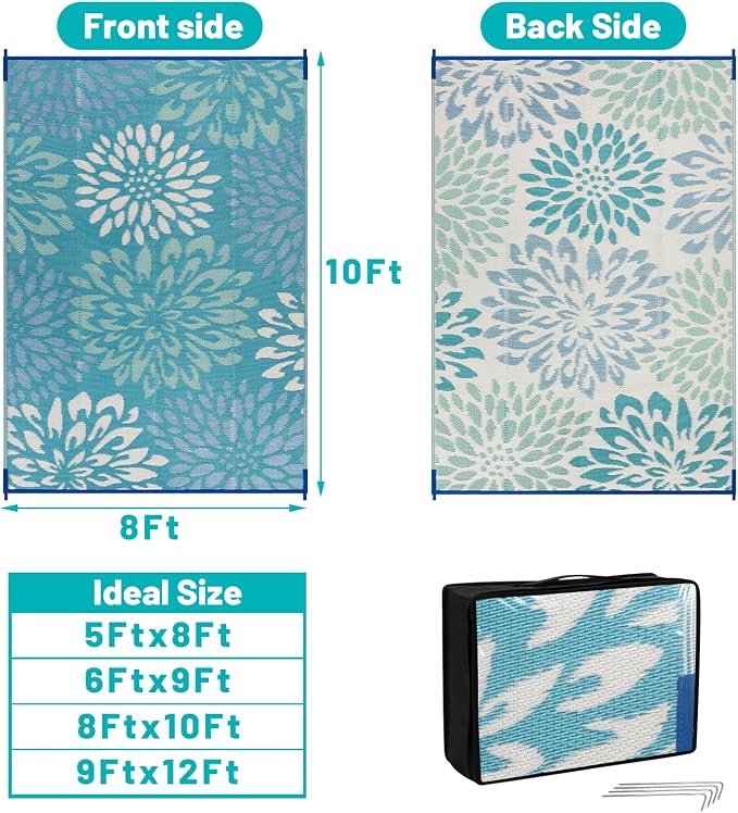 HEBE Waterproof Outdoor Rug 8x10 for Patios, Floral Reversible Plastic Straw Rug Patio Mat, Indoor Outdoor Carpet RV Mat Camping Rug for Deck, Camper, Porch, Balcony, Backyard, Picnic