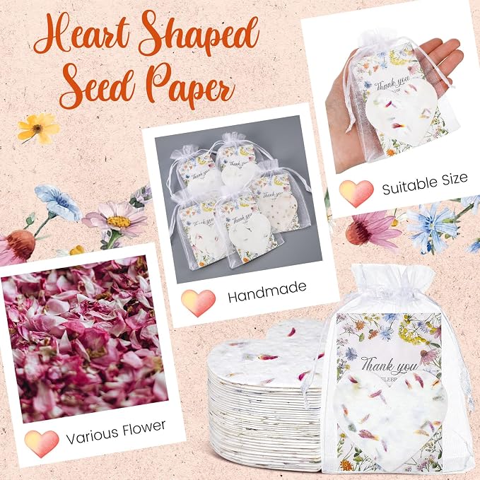 Dunzoom 50 Sets Wedding Gifts for Guests Heart Shaped Seed Paper Handmade Flower Petals Tags Plantable Wildflower Seed Paper Recycled Thank You Cards and Organza Bags for Bridal Shower Party Favor