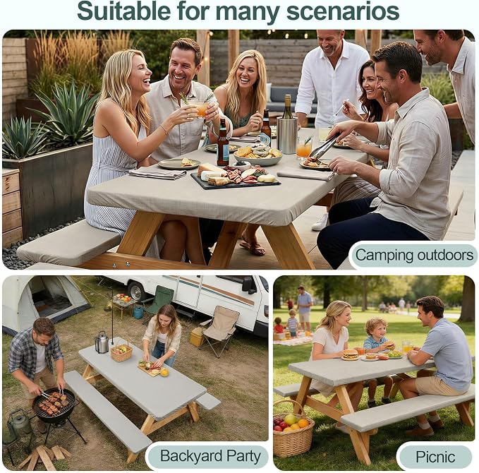 Picnic Table Cover with Bench Covers Camping Essentials Waterproof Windproof Camping Tablecloth with Drawstring Bag, Fitted Rectangle Tables and Seats, 72in, Beige Linen Texture