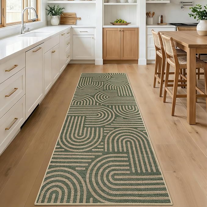 Garvee 2x6 Modern Abstract Kitchen Rugs Washable Rugs for Hallway | Green Rainbow Area Rug Stain Resistant Easy Cleaning Throw Rugs Low Pile Floor Cover for Bedroom Laundry