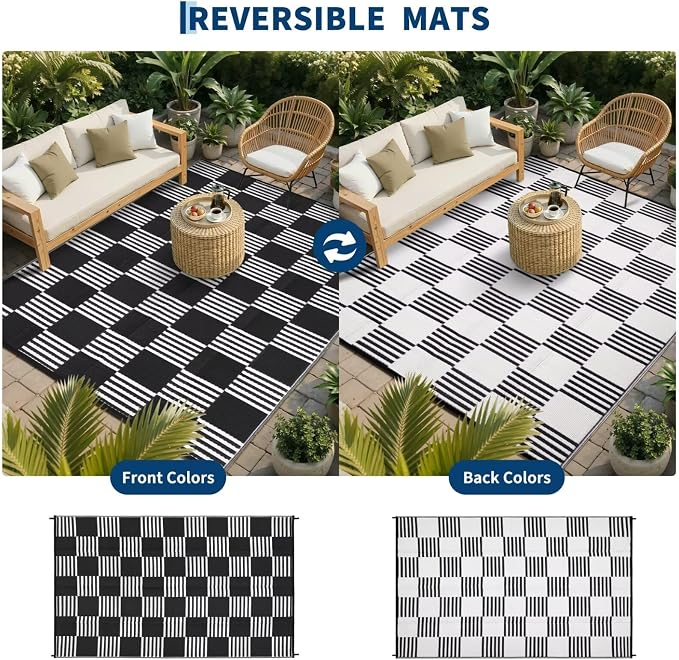 Garvee Waterproof Outdoor Rug 10x14, Checkered Foldable Plastic Straw Patio Camping Rug, Outdoor RV Carpet for Deck Camper Porch Balcony Backyard Picnic Beach Black and White