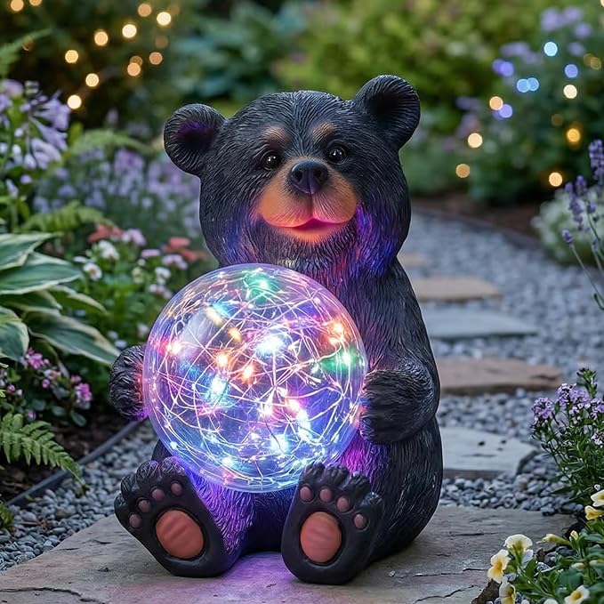 Lavezee Black Bear Statue Outdoor Garden Decor, Bear Figurine Holding Glowing Orb for Garden, Patio, Yard Decor
