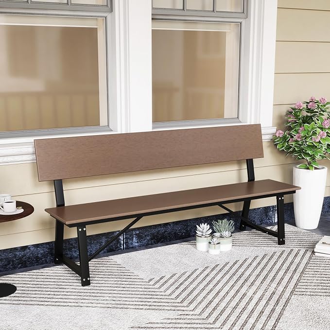 Giantex 72 Inches 4-Person Outdoor Bench with Weatherproof HDPE Backrest & Seat, Heavy Duty Metal Frame, 1100 Lbs Capacity, Park Bench for Lawn, Porch, Deck, Patio, Garden (1, Brown)