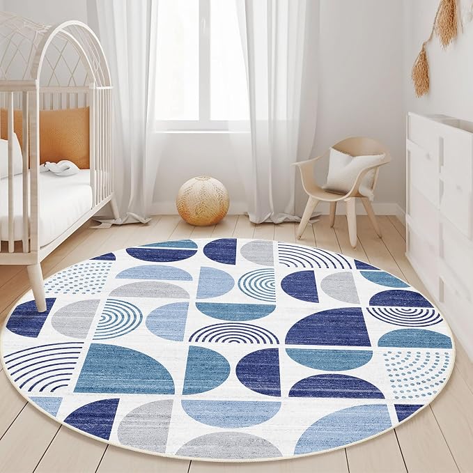 Round Rugs 5ft,Circle Area Rug Washable Non Slip Modern Abstract | Circular Rugs for Bedroom Living Room Dining Room Boho Throw Carpet Soft Low Pile Floor Indoor Bohemian Navy Blue