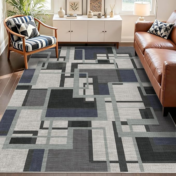 Pionblank Modern Geometric Area Rugs for Bedroom, Slate Blue 4x6 Rug | Blue Grey Patchwork Blocks Indoor Carpet for Living Room Dining Room Office | Soft Low-Pile Floor Rug | Abstract | Non-Slip