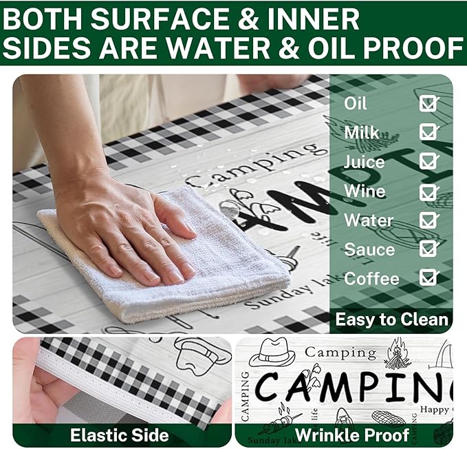 Picnic Table Cover with Bench Covers Elastic Edges, Farm Plaid Fitted Table Cover, Outdoor Patio Camping Essentials 72 Inch 3PCS, Waterproof Camping Fitted Tablecloth with Drawstring Bag