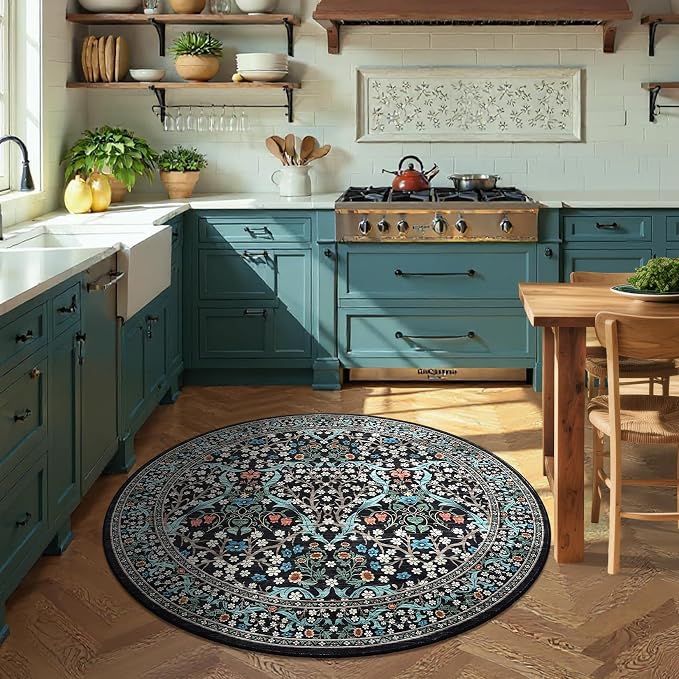 GarveeHome Black Floral 4 ft Round Rug Washable Non-Slip Soft Low Pile Small Circle Carpet Vintage Rugs for Kitchen Bedroom Nursery Dining Living Room