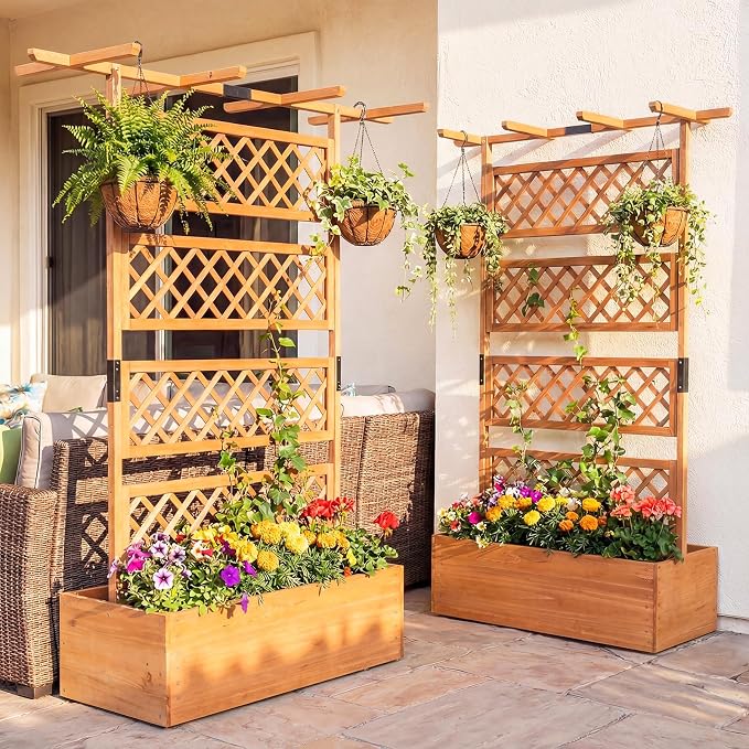 Giantex Raised Garden Bed with Trellis 2 Pack, 72'' Wooden Planter Box Outdoor w/Privacy Screen Roof, Large Vertical Garden Planter w/Drainage Holes for Climbing Plants, Patio Balcony Backyard
